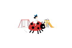 A girl in a white dress riding a playful ladybug in a colorf Product Image 1