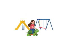 A cheerful girl riding a green turtle in a playground with s Product Image 1