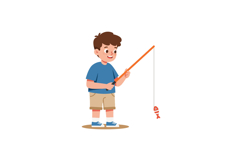 A cheerful boy fishing with a colorful rod in a flat vector Product Image 1