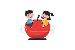 Two cheerful children playing joyfully on a large red apple Product Image 1