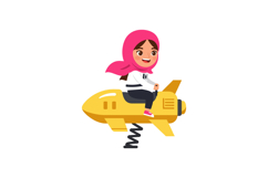 Happy girl with a pink scarf riding a yellow rocket in a pla Product Image 1