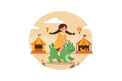 A girl joyfully riding a green dinosaur in a playful carniva Product Image 1