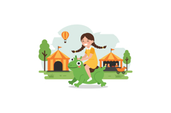 A cheerful girl riding a green frog at a vibrant carnival in Product Image 1