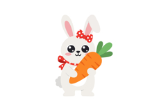 Cute white bunny holding a large carrot in a playful flat de Product Image 1