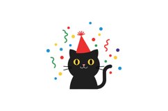 Black cat wearing a festive party hat amidst colorful confet Product Image 1