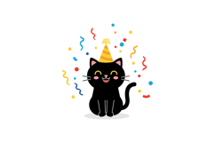 Black cat in a party hat surrounded by colorful confetti in Product Image 1