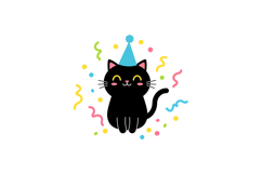 Cheerful black cat wearing a party hat surrounded by colorfu Product Image 1