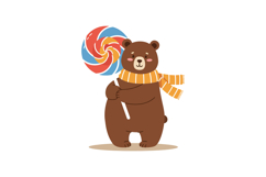Cute bear holding a colorful lollipop in a cozy scarf, minim Product Image 1