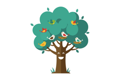 Happy tree with colorful birds perched on branches in a flat Product Image 1