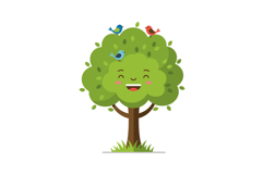 Happy cartoon tree with smiling face and colorful birds perc Product Image 1