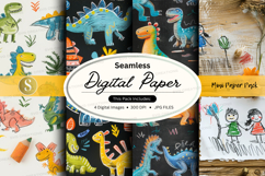 Seamless digital paper - kids and dinosaurs digital paper pa Product Image 1