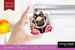 Pug Dog Reading Magnet Sublimation Book Lover Square Magnet Product Image 1