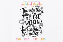 Black hand-lettered digital cut file combining a funny candle lover saying with a pumpkin, lit candle, scattered leaves and an acorn.