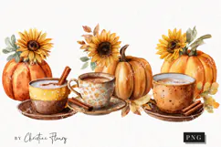 Watercolor Pumpkin & Coffee Clipart | Fall Png Product Image 1