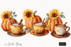 Watercolor Pumpkin & Coffee Clipart | Fall Png Product Image 1