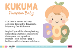 Adorable pumpkin baby holding pastel “BOO” letters – sweet Halloween clipart perfect for baby’s first Halloween scrapbook, cards, and decorations.