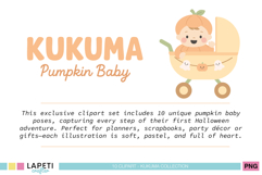 Cute pumpkin baby riding in pastel stroller with Halloween banner – soft and sweet clipart for baby’s first Halloween, ideal for scrapbooking and party printables.
