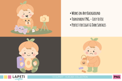 Adorable pumpkin baby illustrations for Halloween: taking photos, holding “BOO” letters, trick-or-treating, and sad with candy. Soft pastel colors, perfect for any background.