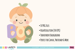 Pumpkin baby holding BOO letters with list of clipart features – 10 PNG files, 300 DPI, transparent background, perfect for Canva and Photoshop projects.