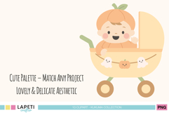 Smiling pumpkin baby in a stroller decorated with cute ghosts and a pumpkin garland, showcasing the lovely and delicate pastel Halloween palette of the Kukuma clipart collection.