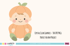 Adorable pumpkin baby sitting and smiling with soft pastel tones, perfect for Halloween-themed baby crafts and digital designs from the Kukuma clipart set.
