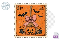 Pumpkin Broom Bow Bats Vintage Halloween Stamp PNG Design Product Image 1