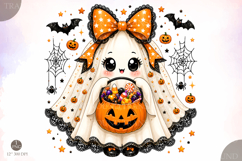 Pumpkin Bucket Ghost Halloween PNG, Coquette Bow Trick or Product Image 1