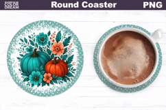 Fall Pumpkin Floral Round Coaster | Thanksgiving Car Coaster Product Image 1