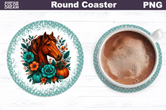 Horse Pumpkin Floral Round Coaster | Farm Animal Car Coaster Product Image 1