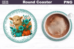 Lamb Pumpkin Floral Round Coaster | Farm Animal Car Coaster Product Image 1