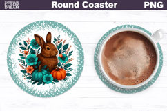 Bunny Pumpkin Floral Round Coaster | Farm Animal Car Coaster Product Image 1