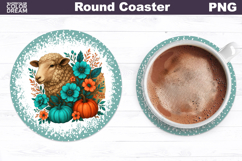 Sheep Pumpkin Floral Round Coaster | Farm Animal Car Coaster Product Image 1
