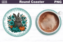 Rabbit Pumpkin Floral Round Coaster | Farm Animal Car Coaste Product Image 1