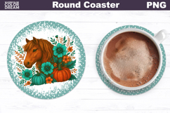 Horse Pumpkin Floral Round Coaster | Farm Animal Car Coaster Product Image 1