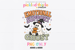 Cute ghost wearing a witch hat and holding a jack-o'-lantern pumpkin with the phrase "Emotional Support Ghost" in retro Halloween colors.