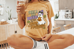 Funny Halloween PNG featuring a white ghost, fall leaves, pumpkin, purple accents, and playful spooky season typography.