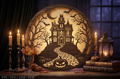 Pumpkin &amp; Haunted House Halloween SVG,Round Laser Cut Door Product Image 1