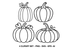 Four pumpkin line art illustrations with different stems and shapes
