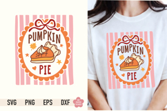 Pumpkin Pie SVG PNG design with a pie slice and red coquette bow displayed on a white t-shirt mockup