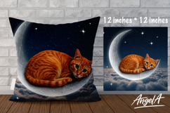 Cat pillow cover sublimation, sleeping animal on moon PNG Product Image 1