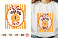 Cute Pumpkin Season SVG design with a coquette bow and scalloped frame displayed on a white sweatshirt mockup