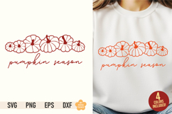 Pumpkin Season line art SVG PNG design with a horizontal row of outline pumpkins on a white sweatshirt mockup