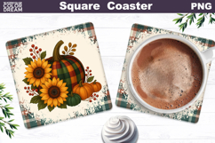 Fall Pumpkin Floral Square Coaster| Thanksgiving Sublimation Product Image 1