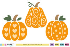Three cute pumpkin vector illustrations with heart, swirl, and polka dot patterns, perfect for fall crafts, Halloween decor, and Cricut projects.
