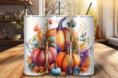 Watercolor Fall Pumpkins Floral 20 oz Tumbler Wrap PNG File Product Image 1