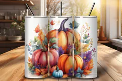 Watercolor Fall Pumpkins Floral 20 oz Tumbler Wrap PNG File Product Image 1