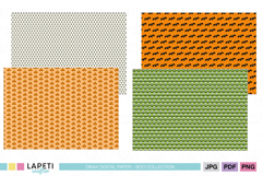 Halloween digital papers with cute orange pumpkins, black bats, green eyes, and white dotted backgrounds for scrapbooking and crafts.