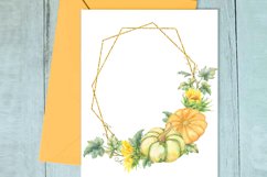 Pumpkins Sunflowers Leaves Gold Frame Watercolor Clipart PNG Product Image 7