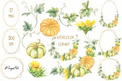 Pumpkins Sunflowers Leaves Gold Frame Watercolor Clipart PNG Product Image 1