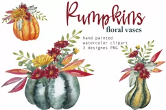 Pumpkins vases Watercolor floral harvest clipart 3 PNG Product Image 1